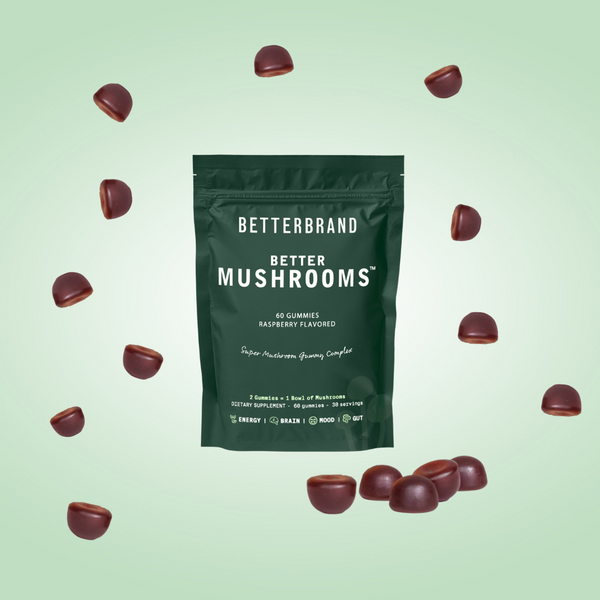 Betterbrand Better Mushrooms raspberry-flavored gummy supplements with scattered gummies around the package