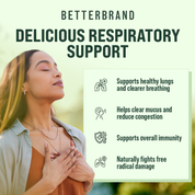 Woman with hands on chest next to text listing respiratory support benefits: Supports healthy lungs and clearer breathing, Helps clear mucus and reduce congestion, Supports overall immunity, Naturally fights free radical damage.