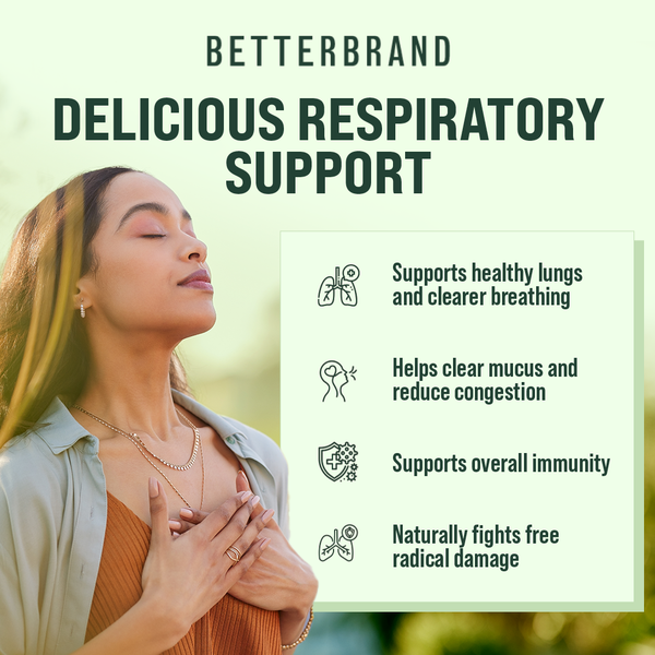 Woman with hands on chest next to text listing respiratory support benefits: Supports healthy lungs and clearer breathing, Helps clear mucus and reduce congestion, Supports overall immunity, Naturally fights free radical damage.