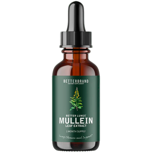 Front view of BetterLungs Mullein tincture bottle with dropper, green leaf label on white background