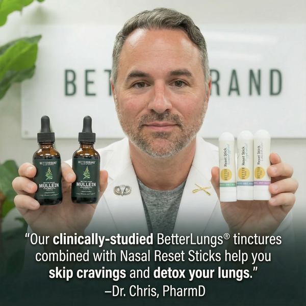 Front view of Quit Smoking Support Bundle showing three tincture bottles and four nasal inhaler sticks on white background