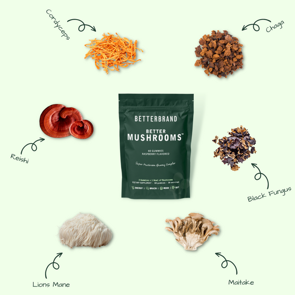 Betterbrand Better Mushrooms gummies package surrounded by cordyceps, chaga, reishi, lion's mane, maitake, and black fungus mushrooms