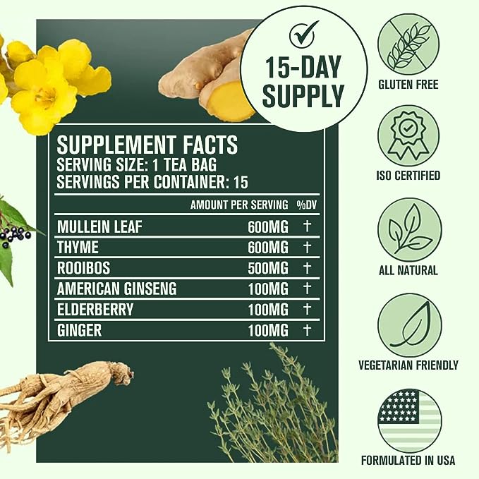 Infographic showing supplement facts and 15-day supply badge; lists mullein, thyme, rooibos, ginseng, elderberry, ginger