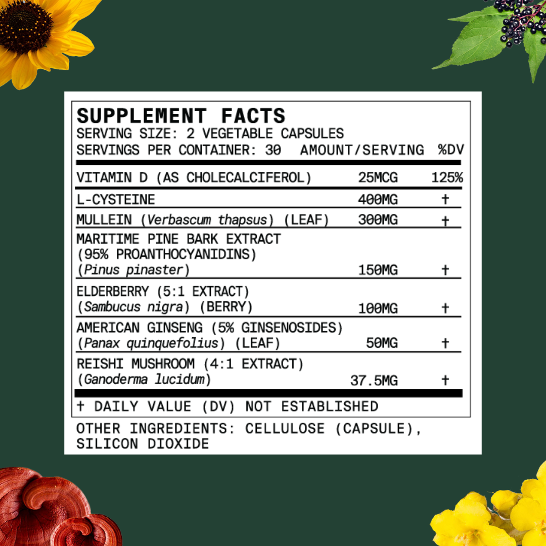 Supplement facts label listing serving size, vitamins, extracts, and other ingredients for BetterLungs® supplement.