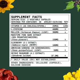 Supplement facts label listing serving size, vitamins, extracts, and other ingredients for BetterLungs® supplement.