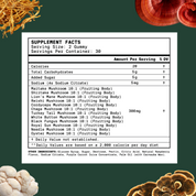 Supplement Facts panel listing serving size, servings per container, calories, carbohydrates, sodium, and mushroom types with amounts.