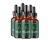 Six amber glass dropper bottles with green labels and silver droppers