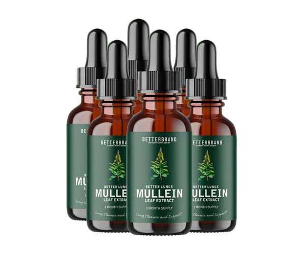 Six amber glass dropper bottles with green labels and silver droppers