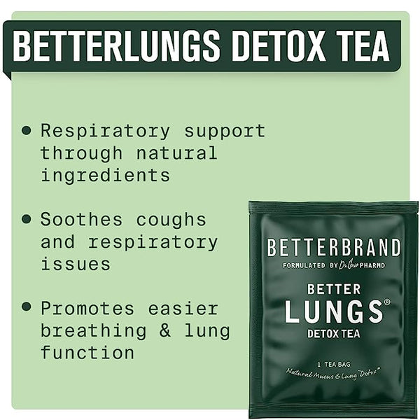 BetterLungs Detox Tea package with benefits: Respiratory support, soothes coughs, promotes easier breathing and lung function