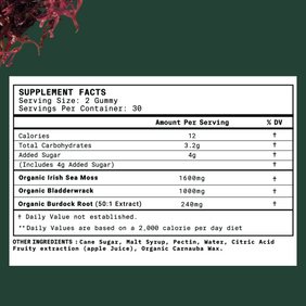 Supplement facts table for BetterLungs Sea Moss Gummies showing serving size, calories, carbohydrates, added sugar, and organic ingredients amounts.