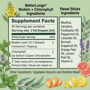 Supplement facts panel showing 2-dropper serving, Mullein leaf and chlorophyll ingredients, plus Reset Sticks ingredient list