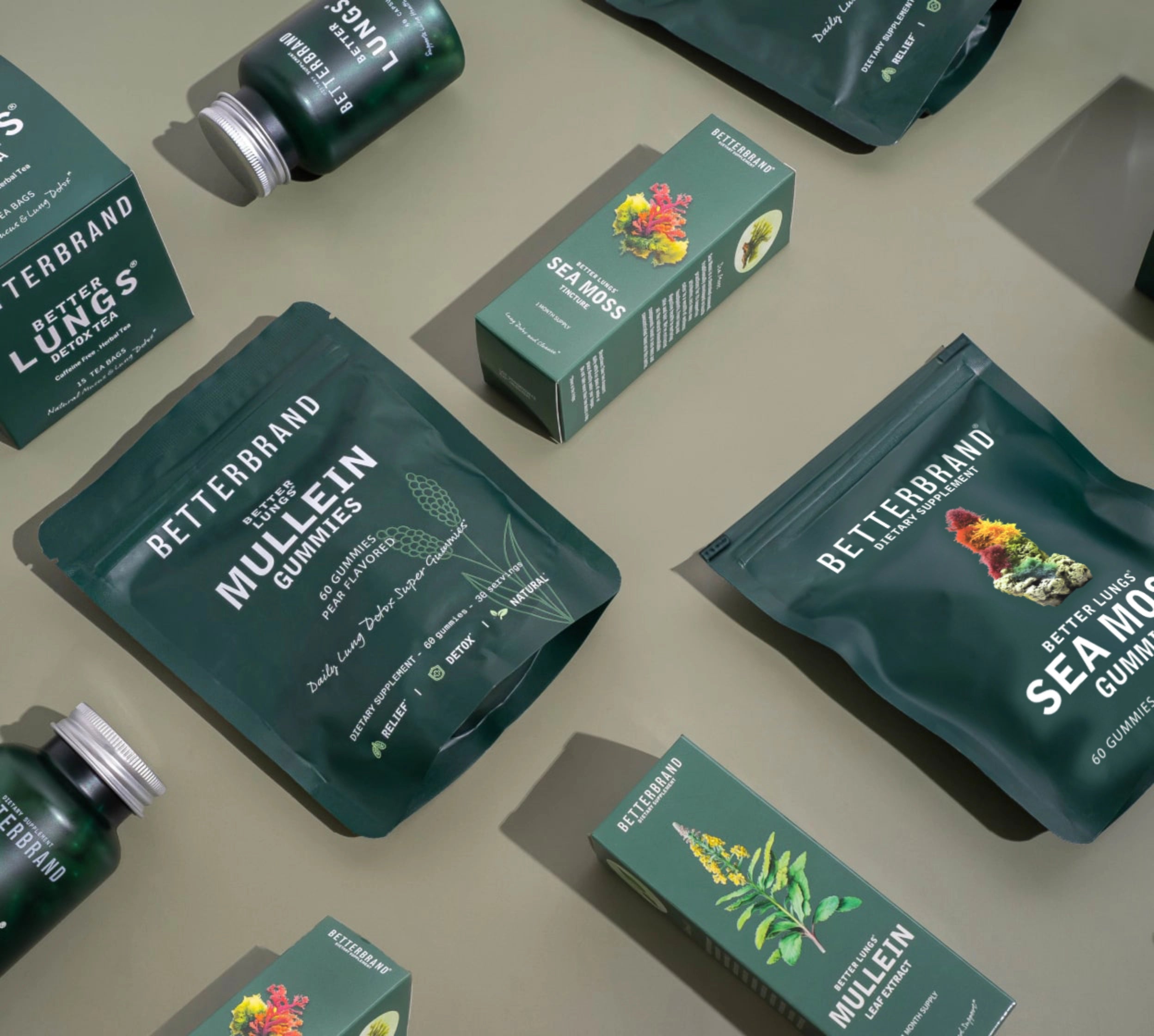 BetterBrand supplement products including Mullein Gummies, Sea Moss Gummies, and Sea Moss Tincture packaging.