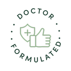 Shield with cross and thumbs up icon surrounded by text 'DOCTOR FORMULATED'