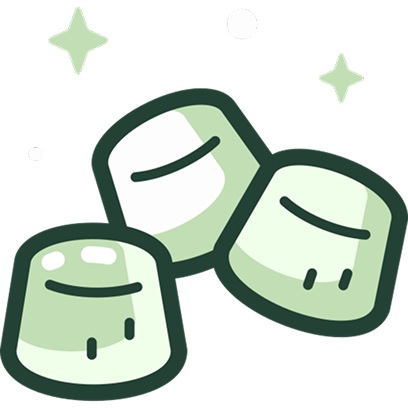 Three stylized marshmallows with sparkles around them