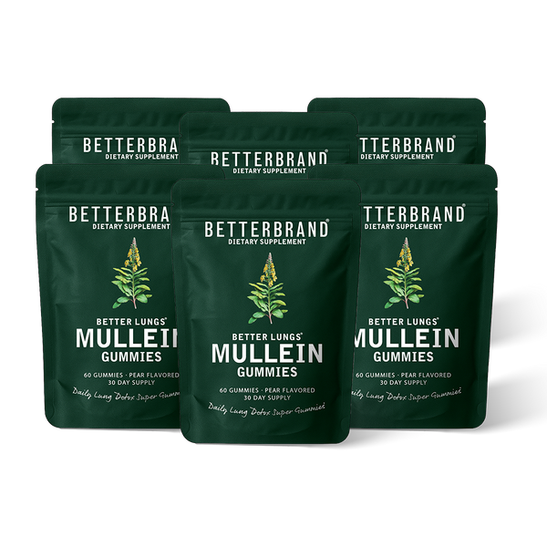 Three green BETTERHERBS MULLEIN tea pouches in branded packaging