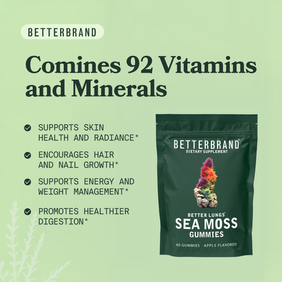 BetterLungs Sea Moss Gummies package with text listing 92 vitamins and minerals supporting skin, hair, energy, and digestion