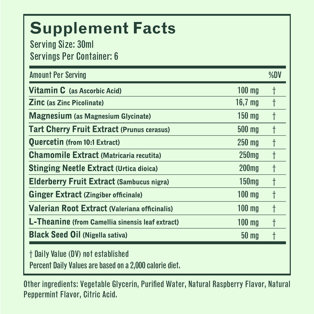 Supplement facts label showing 30 ml serving and key ingredient amounts: Vitamin C 100 mg, Tart cherry 500 mg, Magnesium 150 mg