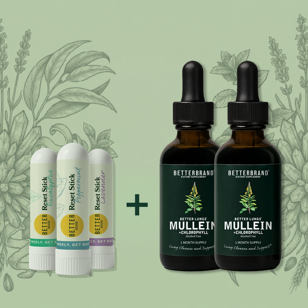 BETTERBRAND Better Lungs MULLEIN + CHLOROPHYLL 1 MONTH SUPPLY with Reset Stick (Eucalyptus, Peppermint, Lavender)