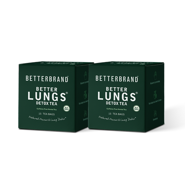 Front view of BetterLungs Tea 1-pack box showing dark green packaging and product name on white background