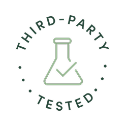 Third-party tested certification badge with test tube and checkmark