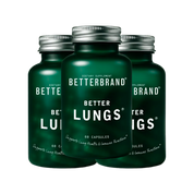 Three dark green supplement bottles labeled BETTER BRAND LUNGS, central bottle in front
