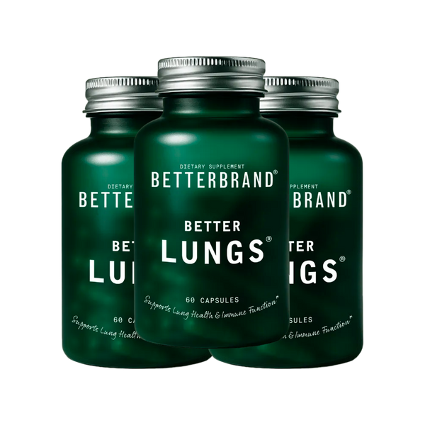 Three dark green supplement bottles labeled BETTER BRAND LUNGS, central bottle in front