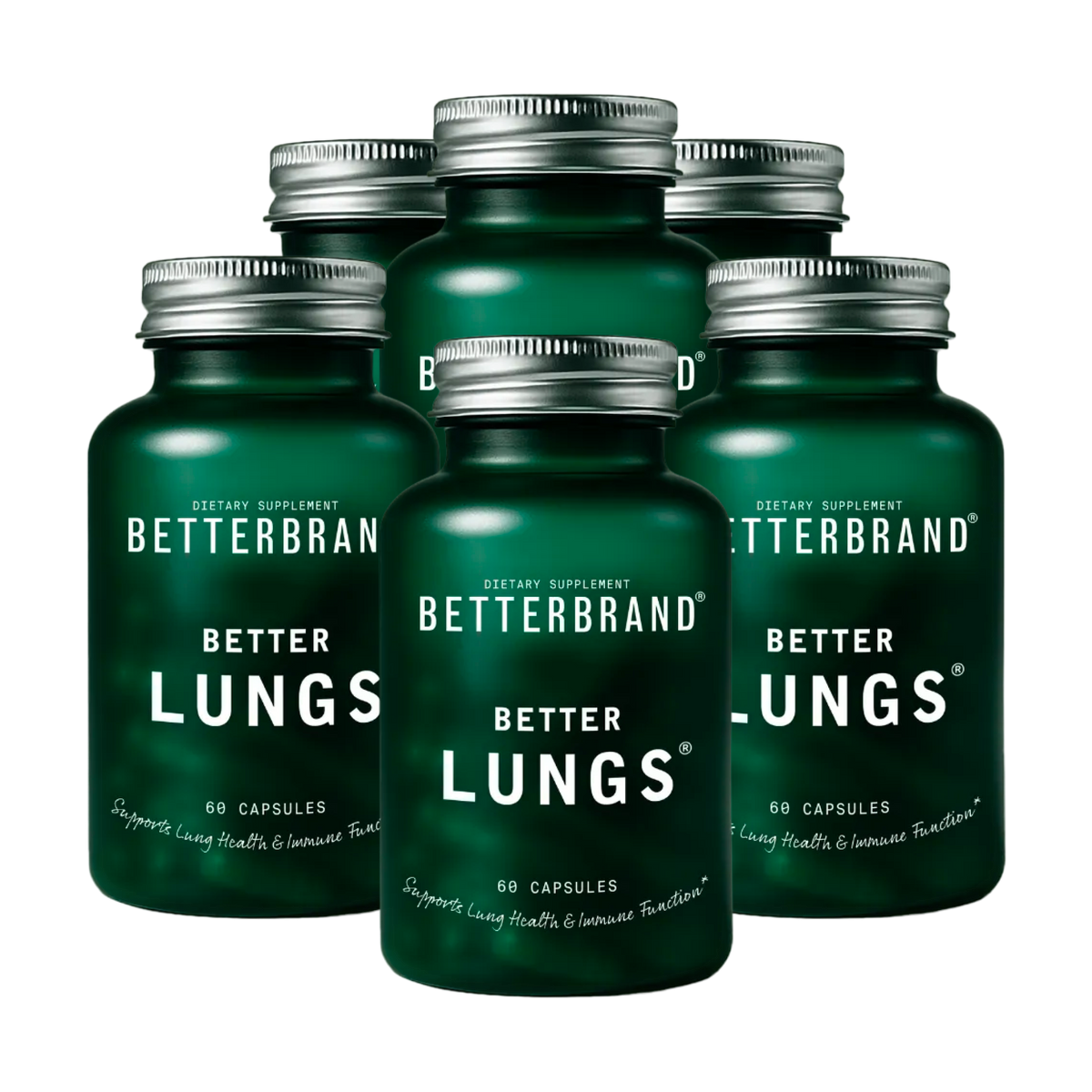Cluster of green supplement jars labeled BETTERMAN and BETTER LUNGS