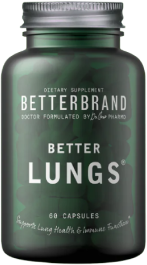 BetterLungs dietary supplement bottle, 60 capsules, supports lung health and immune function.