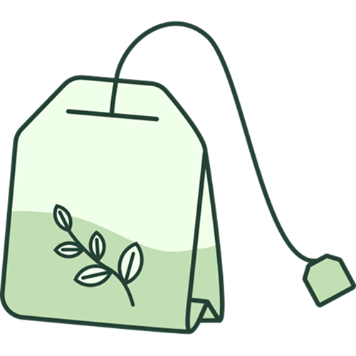 Illustration of a tea bag with a leaf design on it and a string attached