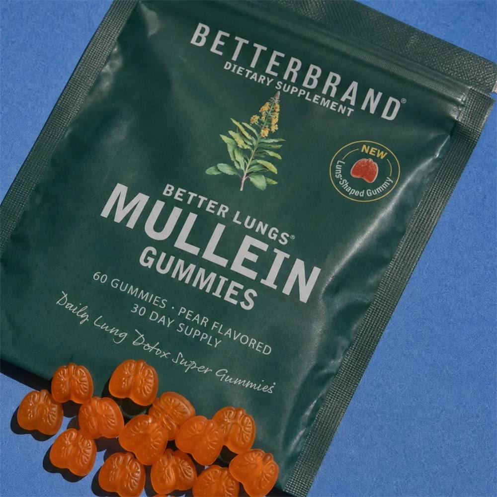 BetterLungs® Mullein Gummies with lung-shaped gummies beside the pouch