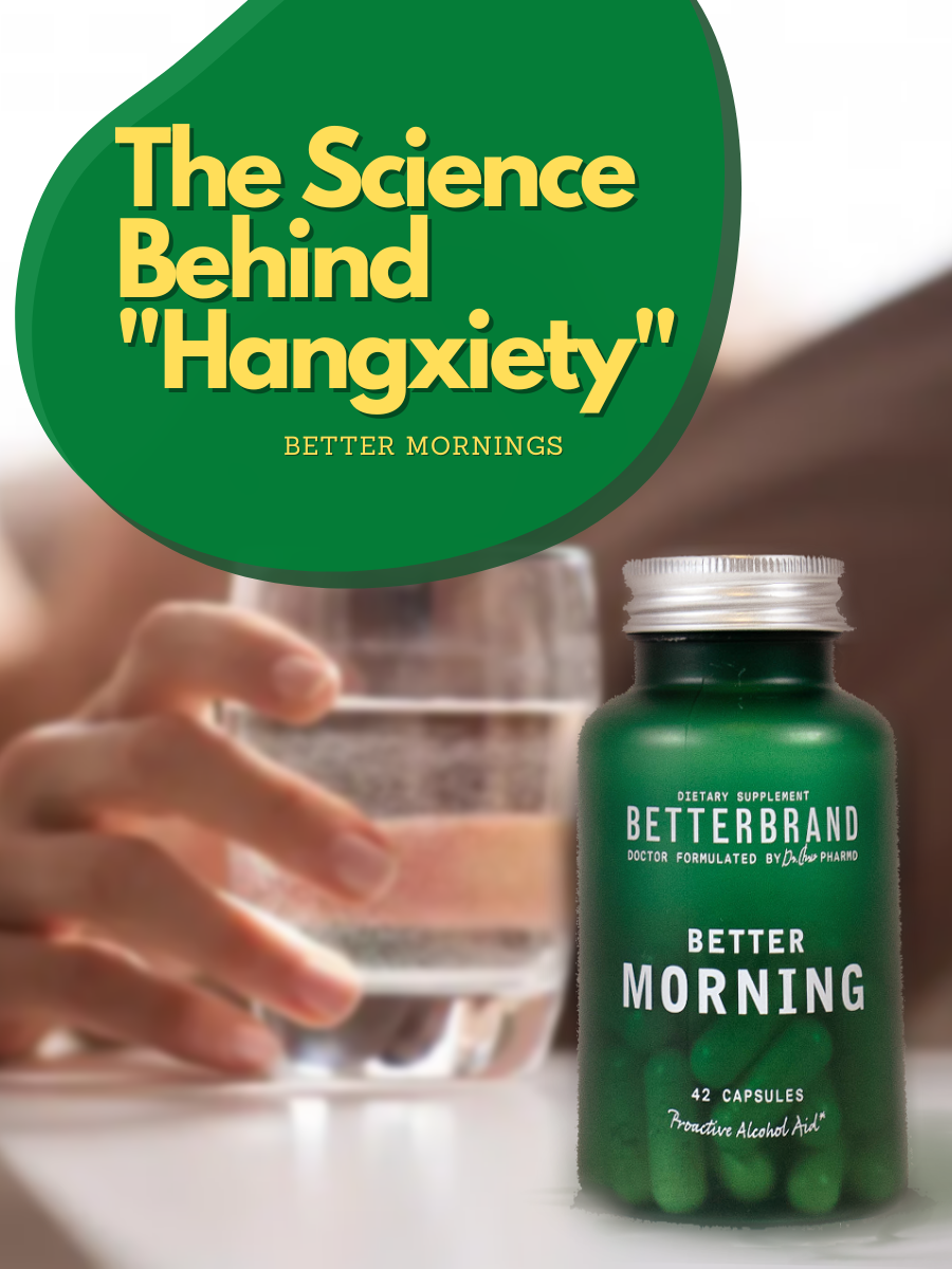 Hand holding a glass beside a green bottle labeled BETTERBRAND BETTER MORNING — "The Science Behind \"Hangxiety\""