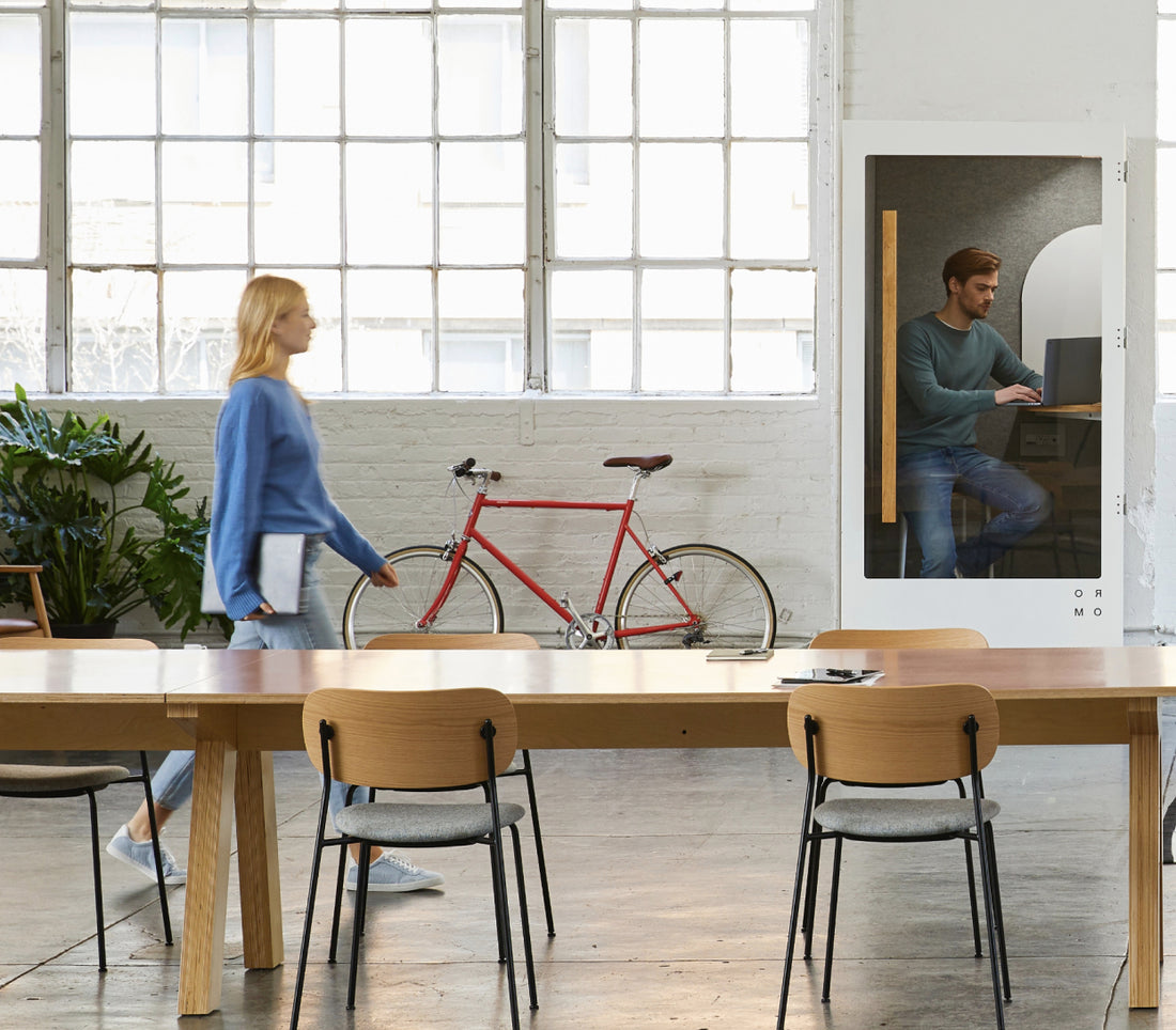 office employees in bright, naturally lit office space with table, chairs, bike, and plant