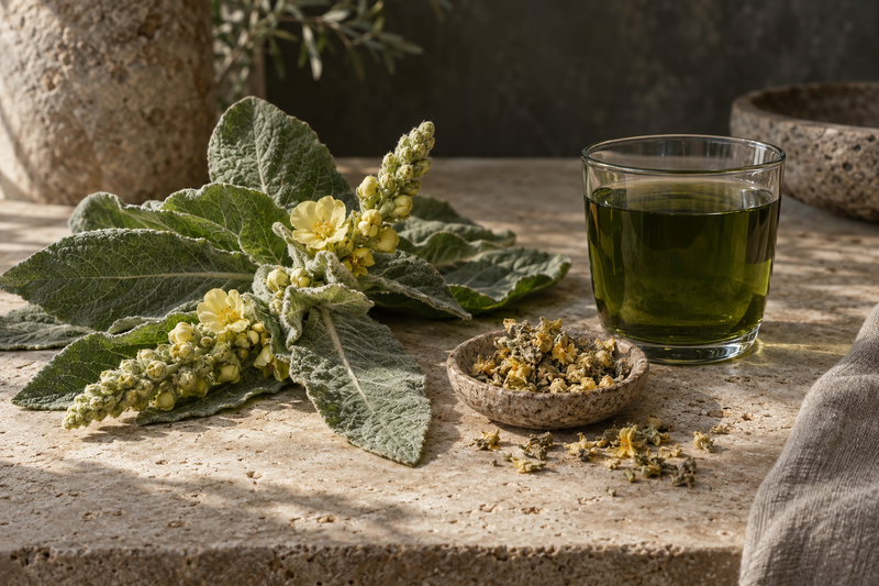 Mullein leaf and dried flowers beside a glass of green chlorophyll infusion