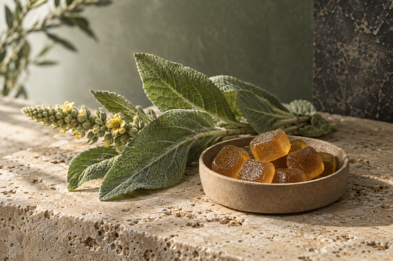 Amber mullein gummies in a small dish beside a fresh mullein leaf on a sandstone surface