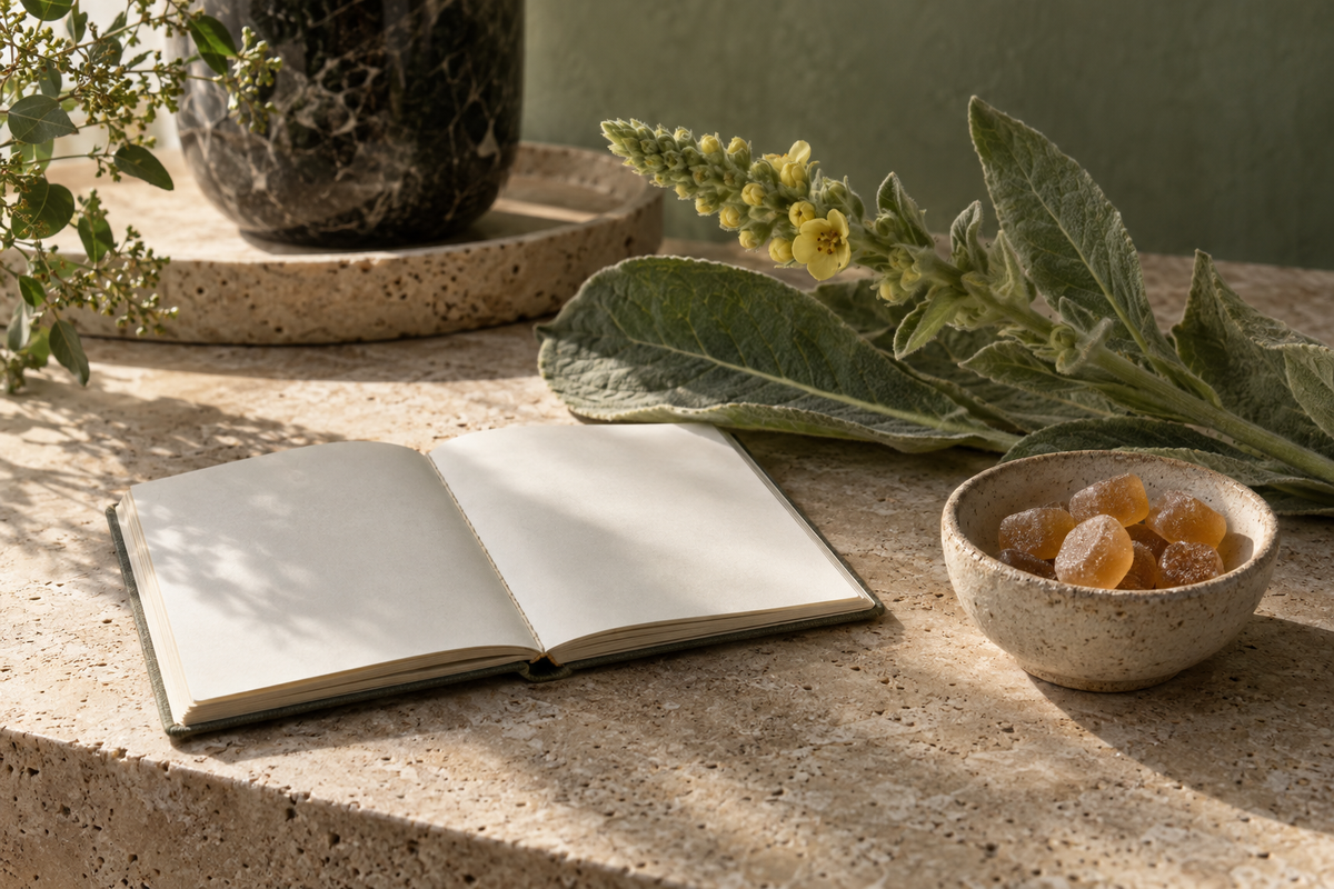 Open blank notebook beside a mullein leaf and a dish of amber gummies on sandstone