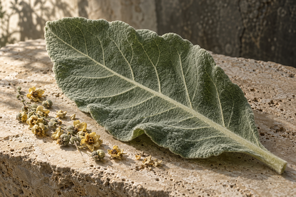 Fresh mullein leaf with dried flowers on a sandstone surface