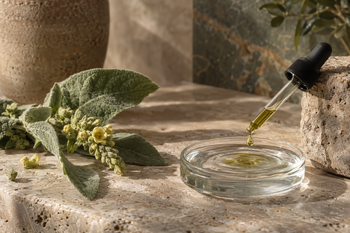 Glass dropper and shallow dish of water with a mullein leaf on a sandstone surface