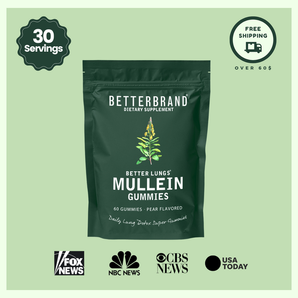Betterbrand dietary supplement package for Better Lungs Mullein Gummies, pear flavored, 60 gummies, 30 servings, with media logos and free shipping badge.