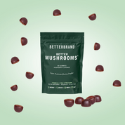 Betterbrand Better Mushrooms raspberry-flavored gummy supplements with scattered gummies around the package