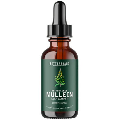 Front view of BetterLungs Mullein tincture bottle with dropper, green leaf label on white background