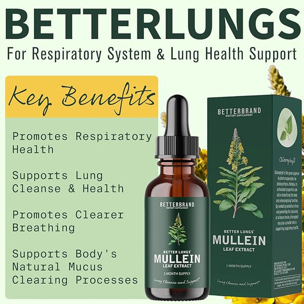 BetterLungs Mullein Leaf Extract bottle and box with key benefits: Promotes Respiratory Health, Supports Lung Cleanse &Health, Promotes Clearer Breathing, Supports Body's Natural Mucus Clearing Processes