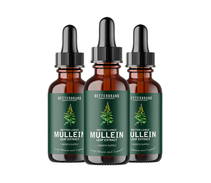 Front view of three BetterLungs Mullein and Chlorophyll tincture bottles with droppers and green labels on white background