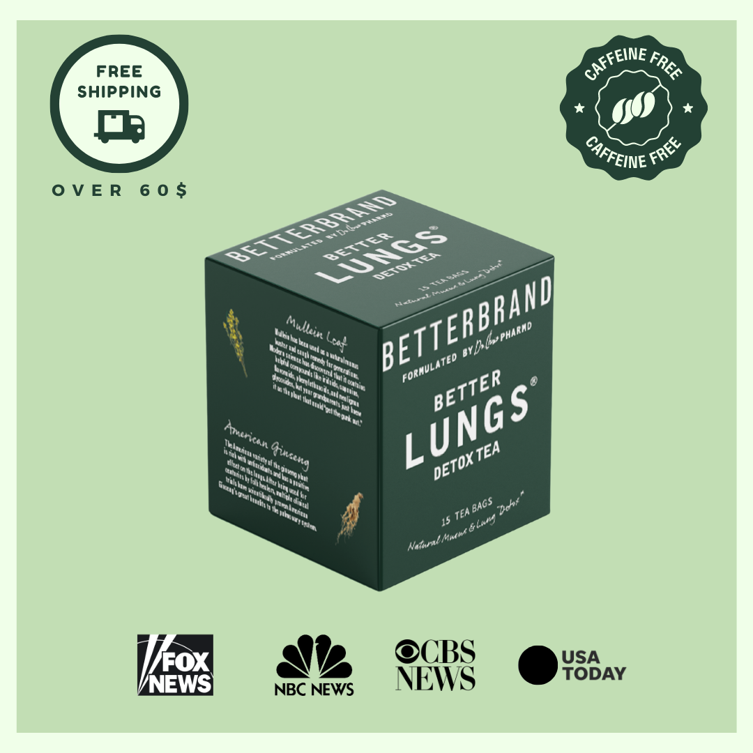BetterLungs Detox Tea box with text: 'FREE SHIPPING OVER $60', 'Caffeine Free', '12 Tea Bags', and logos of media outlets.