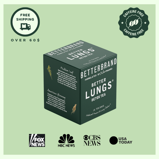 BetterLungs Detox Tea box with text: 'FREE SHIPPING OVER $60', 'Caffeine Free', '12 Tea Bags', and logos of media outlets.