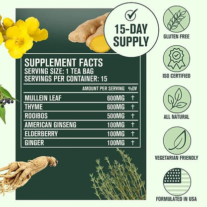 Infographic showing supplement facts and 15-day supply badge; lists mullein, thyme, rooibos, ginseng, elderberry, ginger
