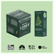 Betterbrand BetterLungs Detox Tea box and Mullein Leaf Extract tincture with logos of Fox News, NBC News, CBS News, USA Today