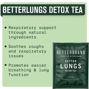 BetterLungs Detox Tea package with benefits: Respiratory support, soothes coughs, promotes easier breathing and lung function