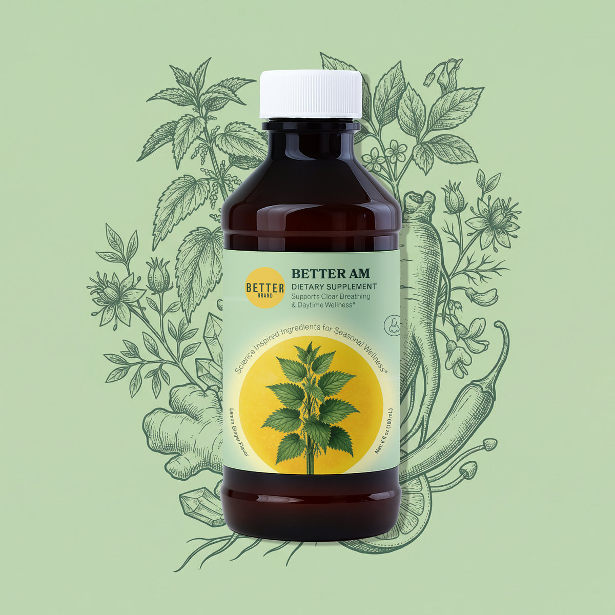 Better AM dietary supplement bottle labeled 'BETTER AM', 'DIETARY SUPPLEMENT', 'Supports Clear Breathing & Daytime Wellness'