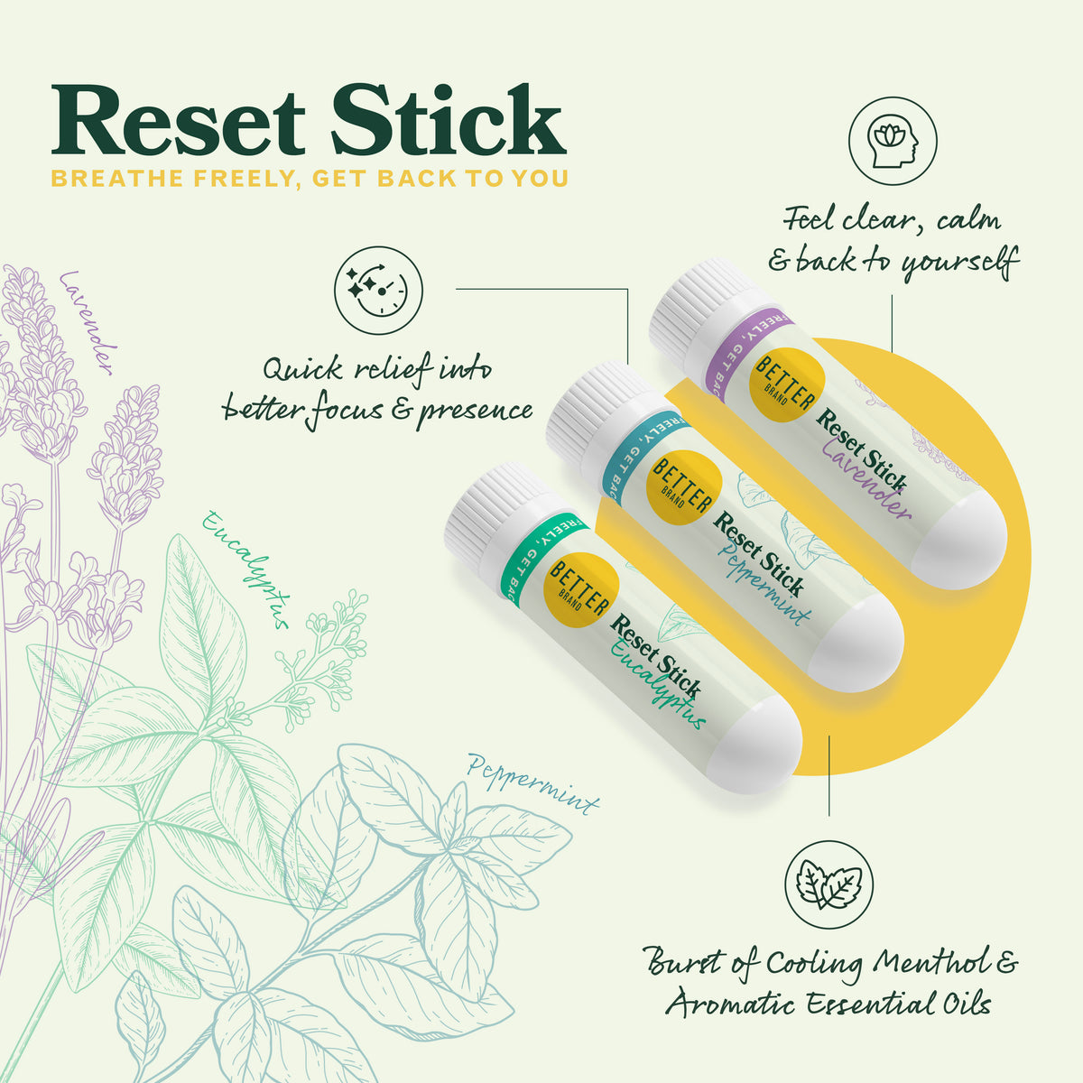 Three Reset Stick inhalers labeled Eucalyptus, Peppermint, Lavender with botanical sketches and 'Quick relief' callout.