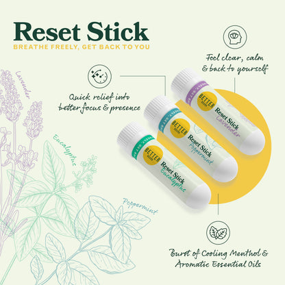 Three Reset Stick inhalers labeled Eucalyptus, Peppermint, Lavender with botanical sketches and 'Quick relief' callout.